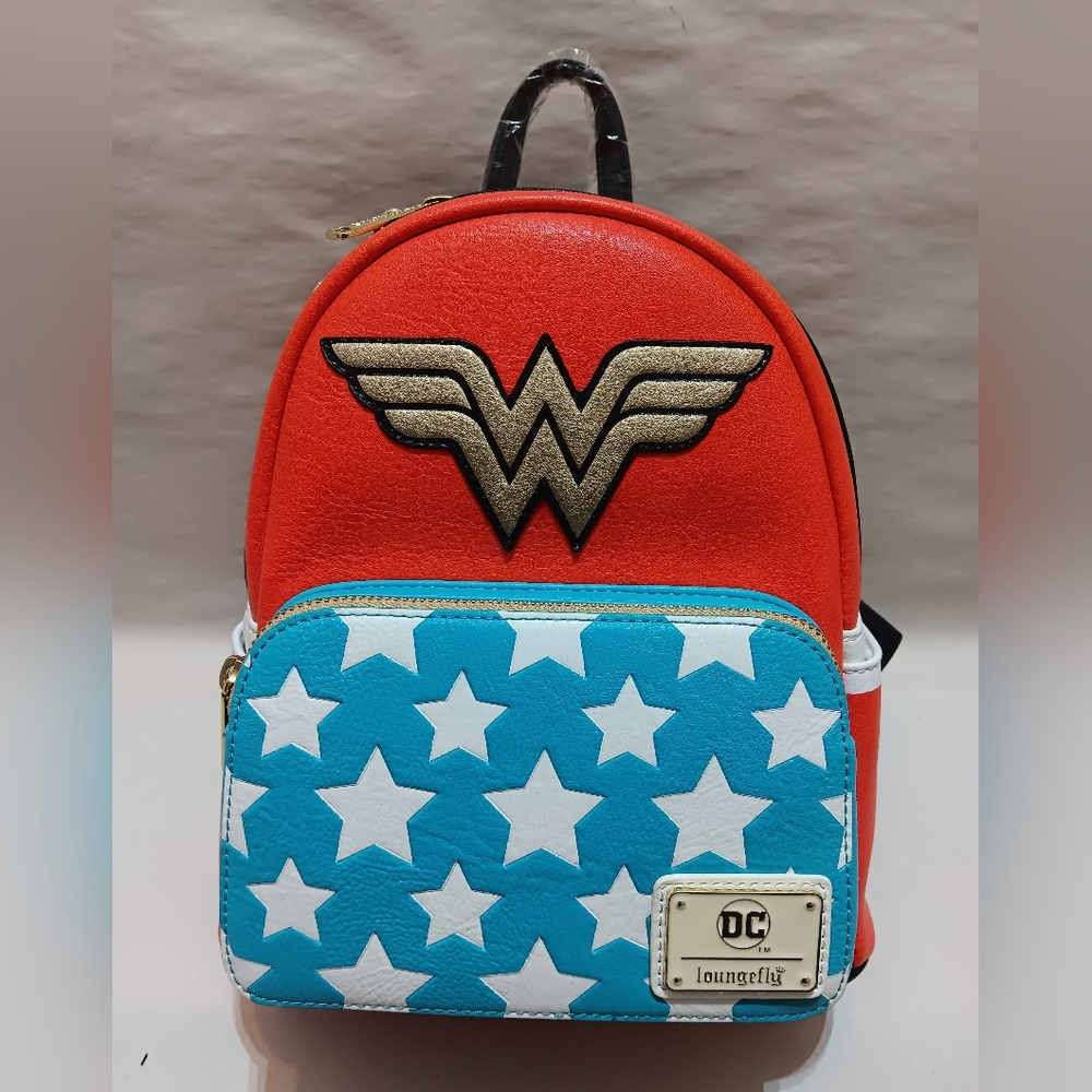 Loungefly Wonderwoman Mini Backpack Red Blue Cosplay DC Comics Faux Leather